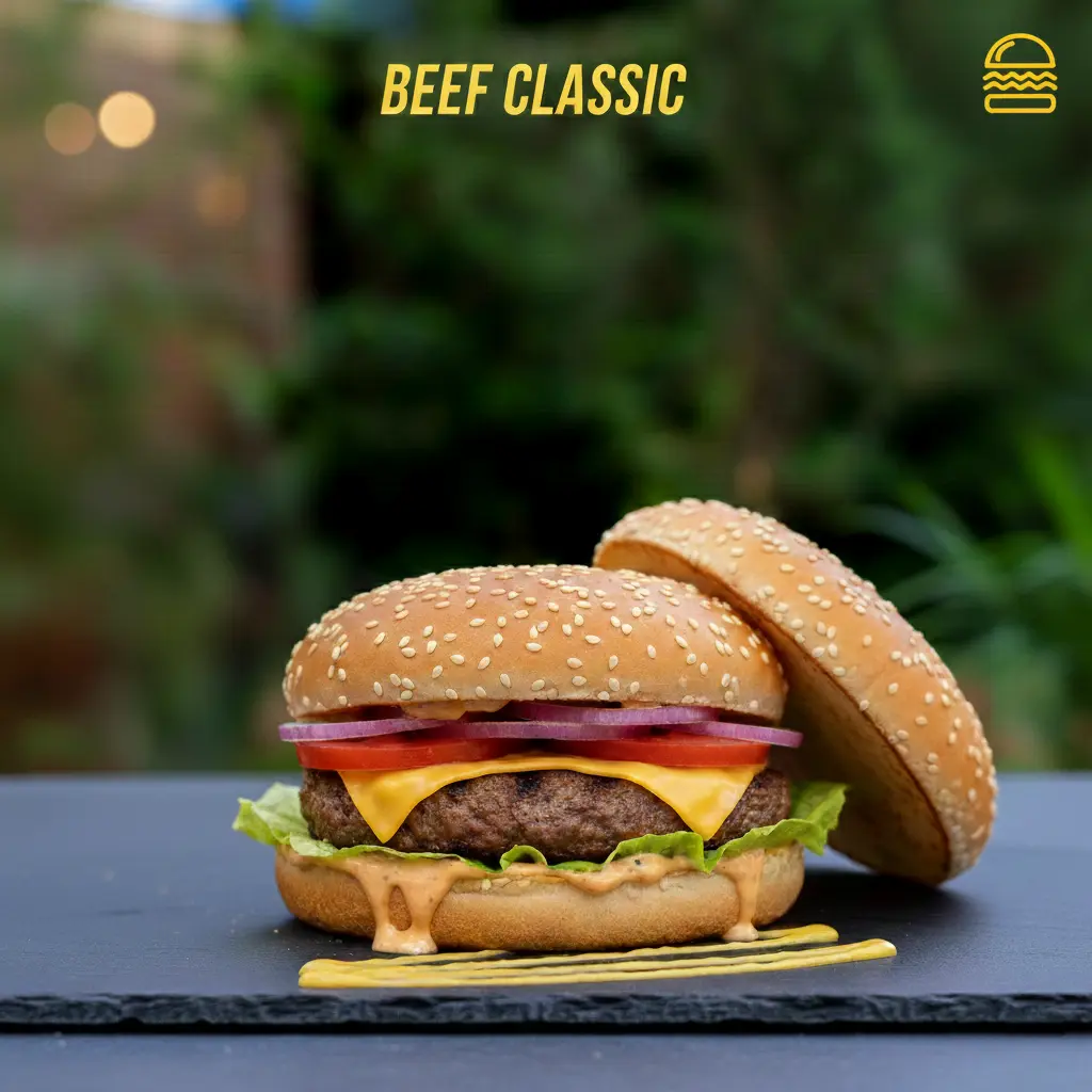 The Beef Classic burger - grilled beef patty with melted cheese and signature sauce